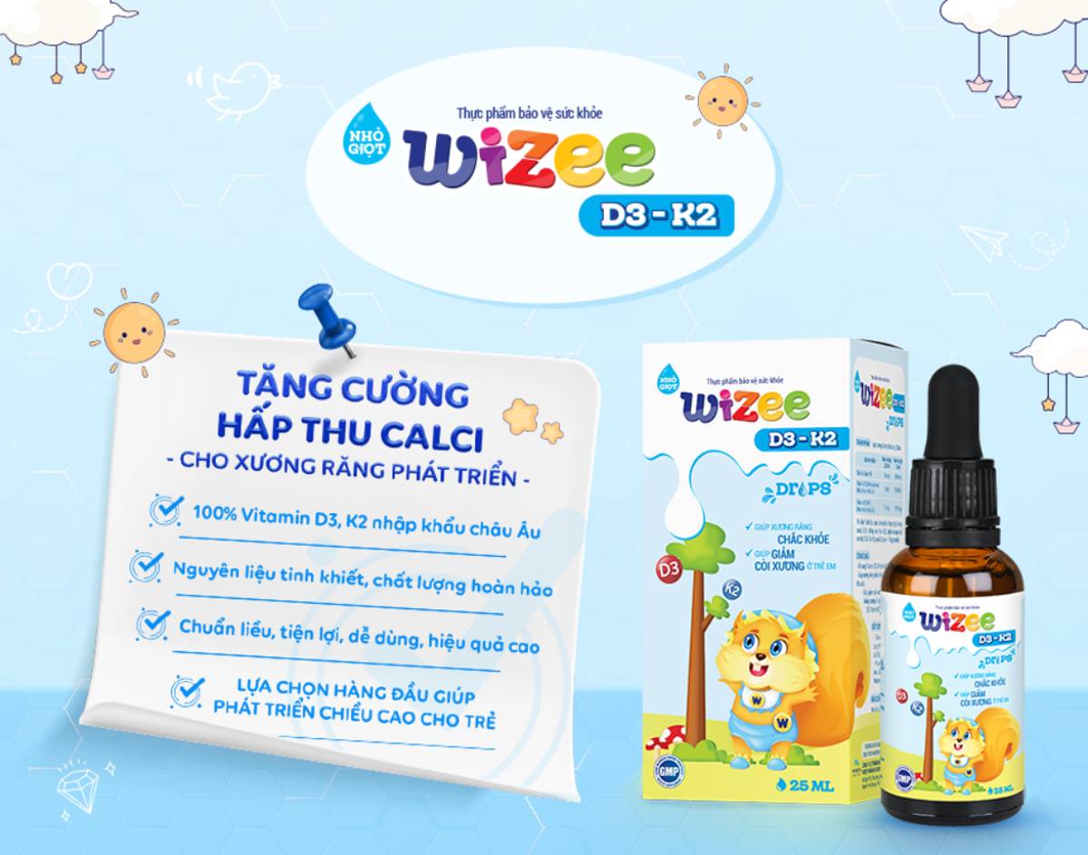 Nhỏ giọt Wizee D3 K2 có chứa vitamin D3, vitamin K2 từ thiên nhiên được nhập khẩu từ châu Âu