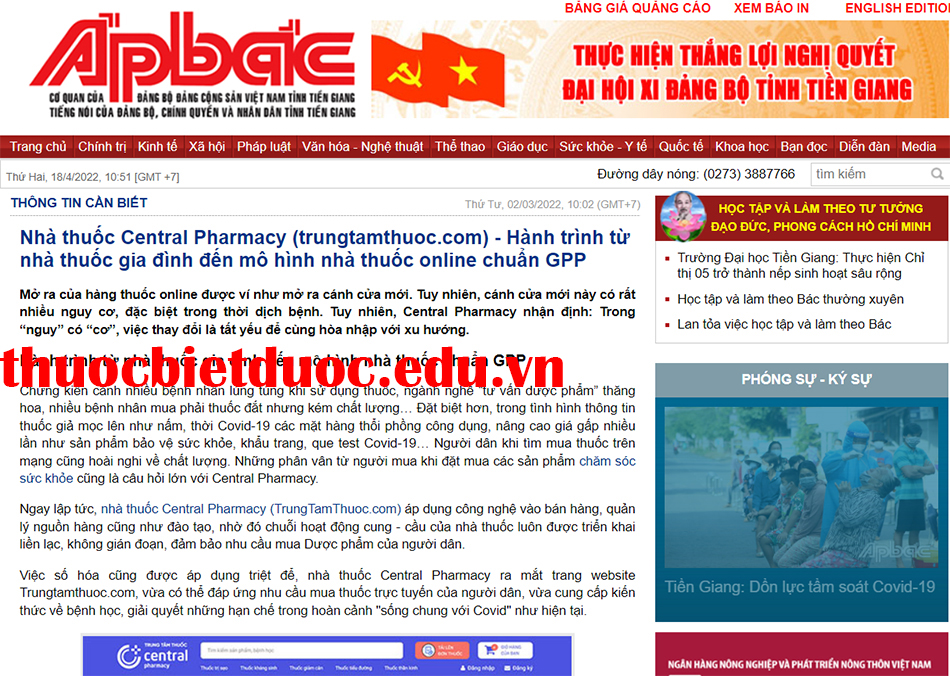Báo Ấp Bắc: Nhà thuốc Central Pharmacy (trungtamthuoc.com) - Hành trình từ nhà thuốc gia đình đến mô hình nhà thuốc online chuẩn GPP