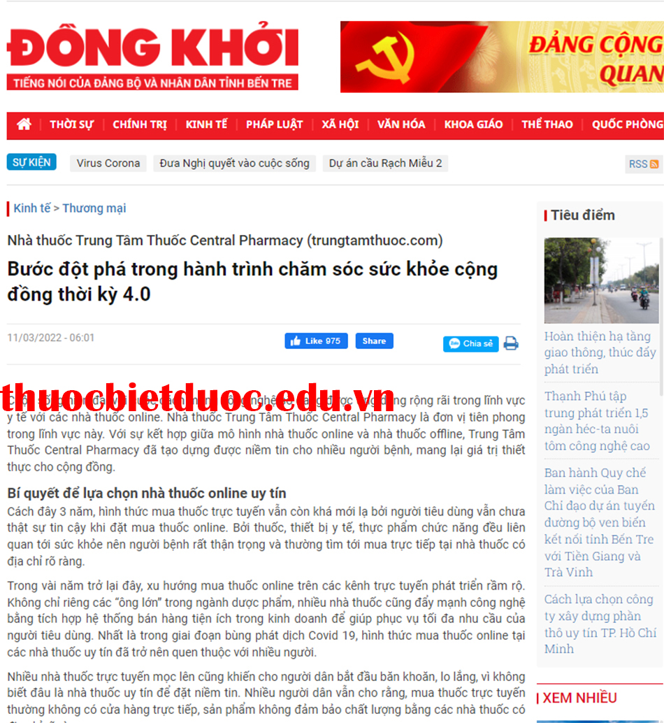 Báo Đồng Khởi: Nhà thuốc Trung Tâm Thuốc Central Pharmacy (trungtamthuoc.com) Bước đột phá trong hành trình chăm sóc sức khỏe cộng đồng thời kỳ 4.0